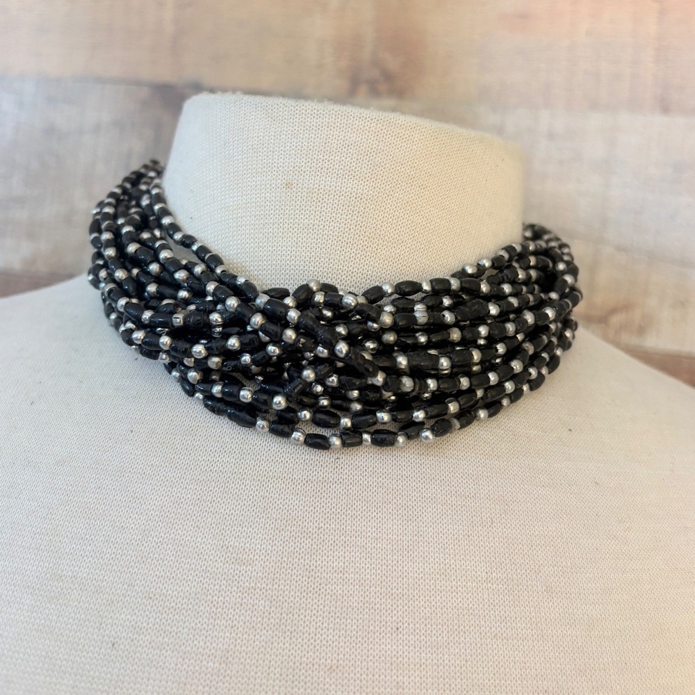 Handcrafted Multi-Strand Black and Silver Seed Bead Bib Statement Necklace